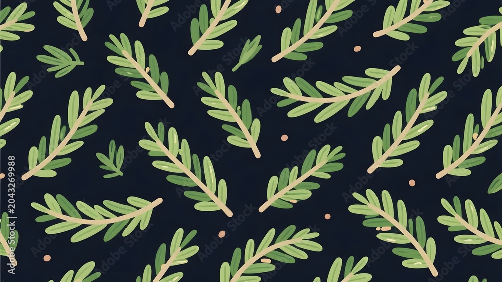 Fototapeta premium Seamless Cartoon Rosemary Sprigs Pattern on Dark Background Culinary Herb Texture