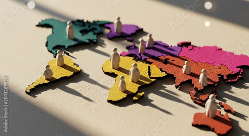 Stylized generic human figures on a vibrant, segmented world map, symbolizing global population, interconnectedness, and the diversity of international communities across continents