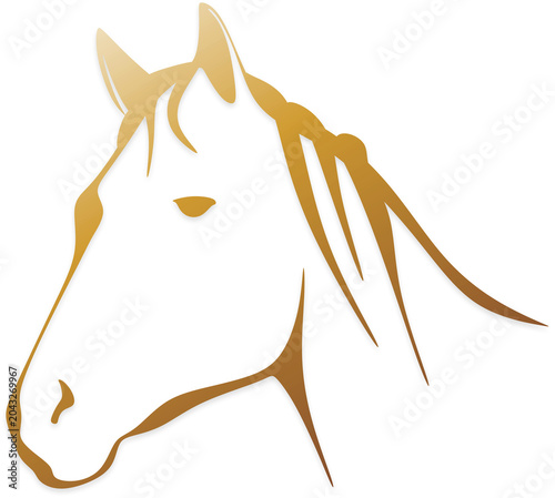 A golden horse head logo on a white background