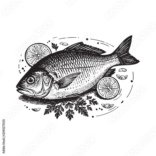 fish cooking preparation in detailed engraving style silhouette