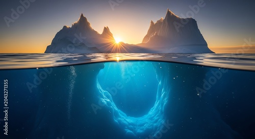 Breathtaking arctic seascape featuring a colossal iceberg at sunrise, splitting the view between its magnificent peaks and an ethereal, glowing underwater cave