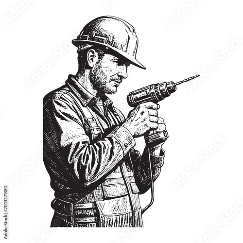 man at work holding hand drill	in engraving style