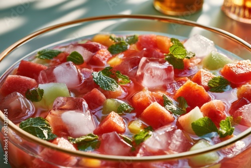 Colorful fruit salad with watermelon, cantaloupe, and mint leaves served in a glass bowl, ice cubes floating in refreshing mixture on a light blue surface