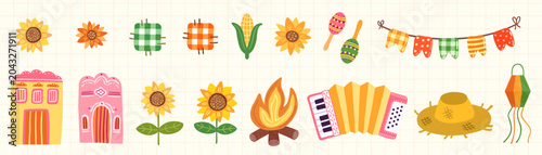 Cute Festa Junina Vector Set with Sunflower, Straw Hat, Bunting, Accordion, Corn, Brazilian Festival Illustrations