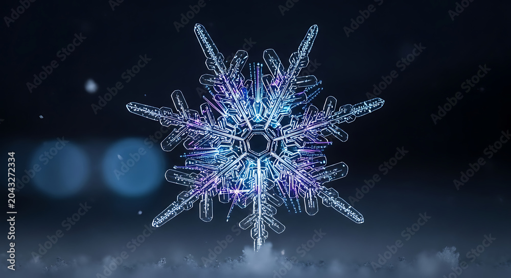 Obraz premium A stunningly intricate and glowing snowflake with blue and purple hues, set against a dark, ethereal background with soft bokeh lights and a misty foreground.