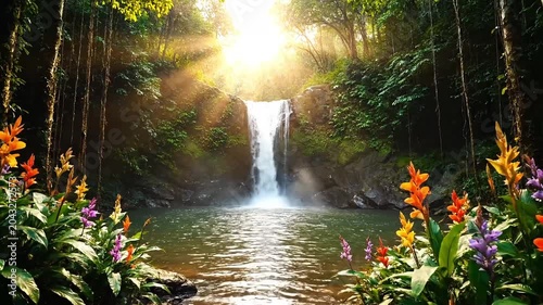 Sunlight streams through lush forest canopy illuminating a serene waterfall and vibrant tropical flowers.
