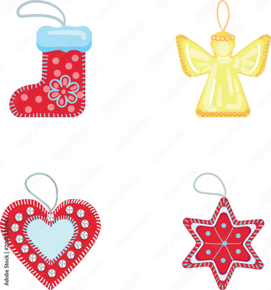 Obraz premium Christmas ornaments with a stocking, angel, heart, and star shapes on a white background