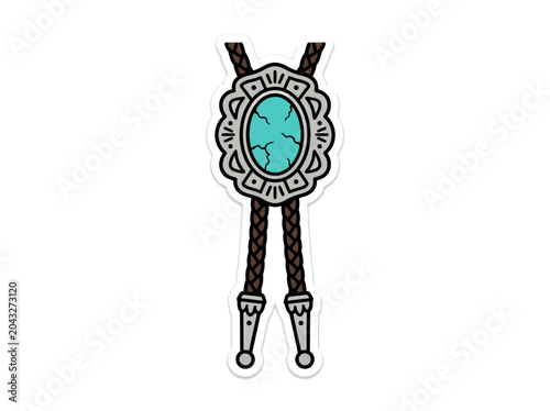 A detailed illustration of a turquoise bolo tie with a black cord and silver tips on a white background.