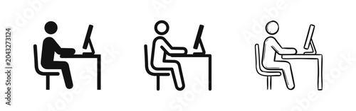 Konstfotografi Office worker sitting at desk with computer monitor icon set