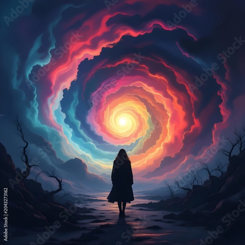 silhouetted figure facing a colorful swirling cosmic vortex