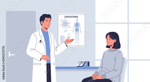 Doctor consults patient, endocrine system chart on wall, medical exam room