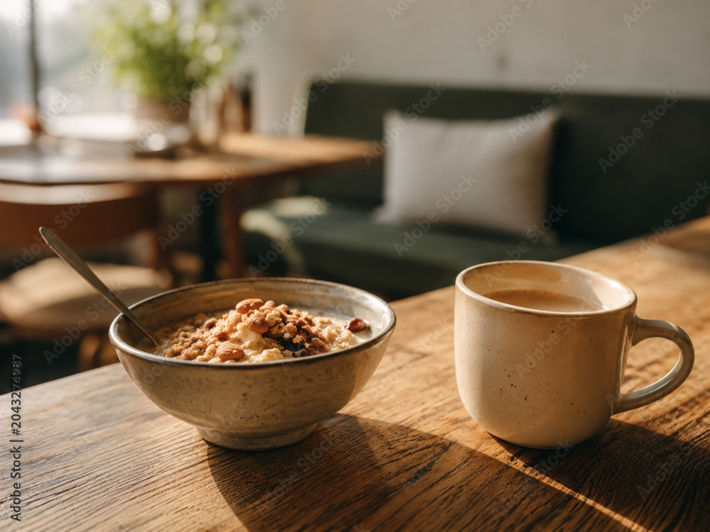 Fototapeta premium Coffee Mug and Oatmeal Bowl on Wooden Table in Sunny Home Kitchen for Healthy Breakfast Lifestyle Moment