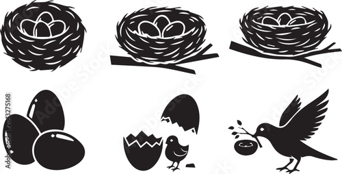 Foto Bird Nest Egg Hatching Icon Set Vector Illustration Black Silhouette