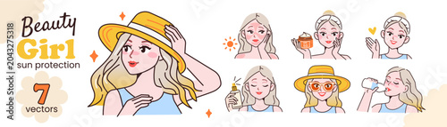 Beauty girl summer skin health illustration collection. Sunburn relief, hydration, sunscreen usage guide. Sun safety and UV protection vector.