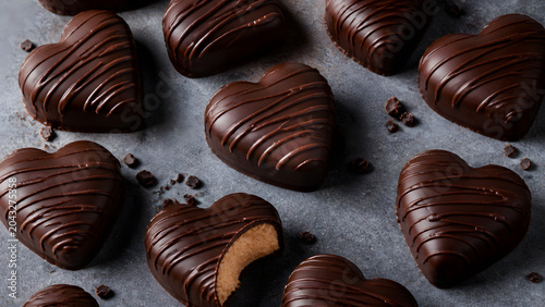 Chocolate Peanut Butter Heart Candies with Drizzle on Gray Background