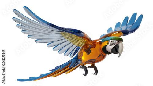 Foto Macaw Flying with Spread Wings on White Background