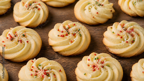 Piped Butter Cookies with Colorful Sprinkles on Wooden Table, Holiday Dessert Close Up