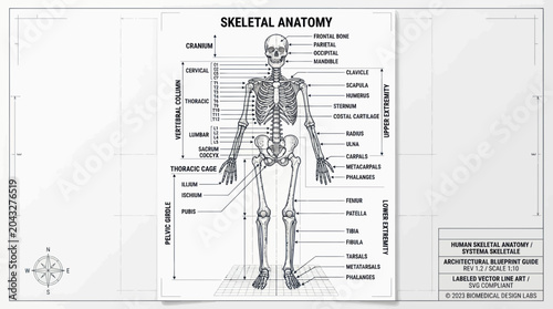 Bild auf Leinwand Human Skeleton Anatomy Chart Blueprint Style