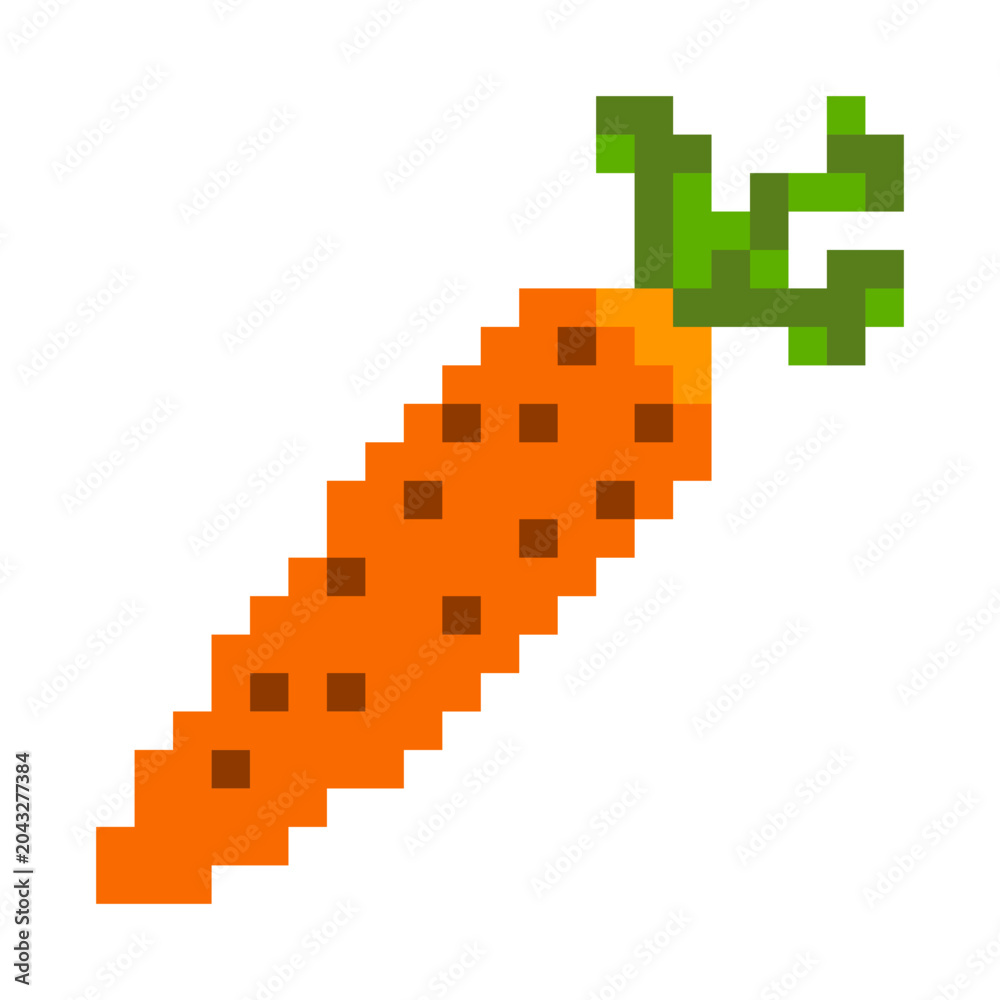 Fototapeta premium Orange carrot pixel art icon in retro 8 bit style. Vegetable illustration isolated for games, stickers and digital design