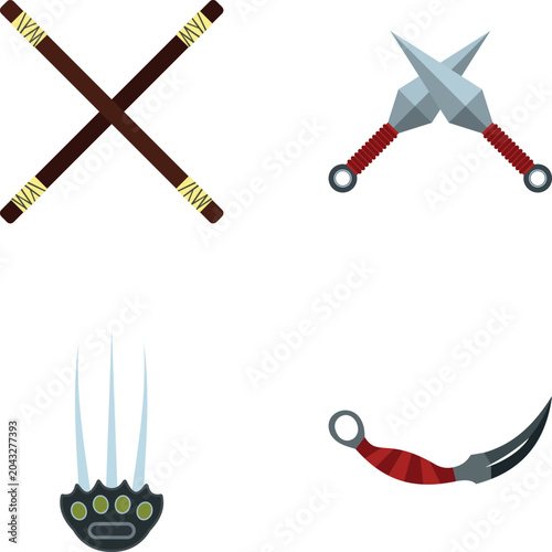 Tableau sur toile Collection of traditional ninja weapons, including staff, kunai, tekko kagi, and