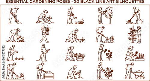Fotografie Twenty black line art silhouettes of people engaged in gardening activities planting watering and harvesting plants in garden