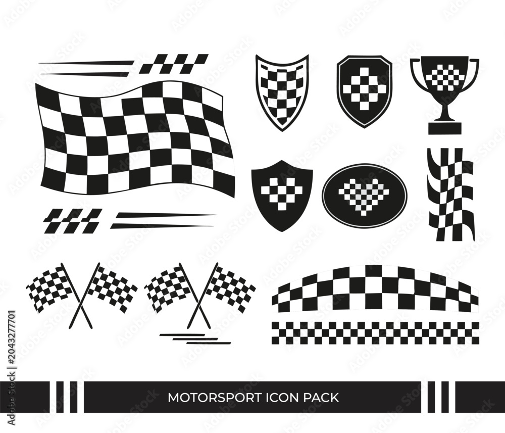 Naklejka premium Motorsport icon set racing flags trophies shields and speed elements
