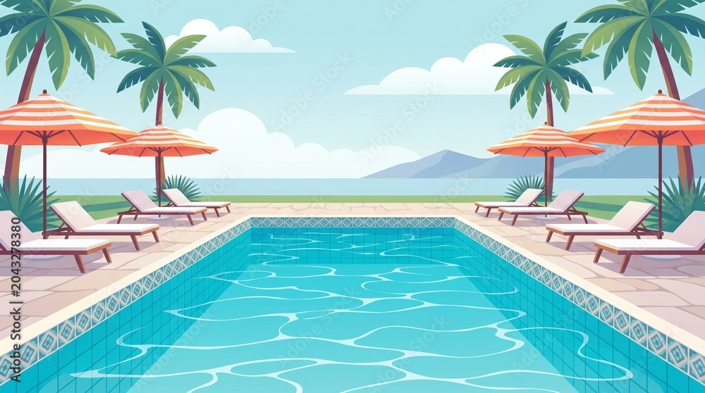 Fototapeta premium Modern Swimming Pool Vector Illustration with Luxury Resort and Crystal Clear Water