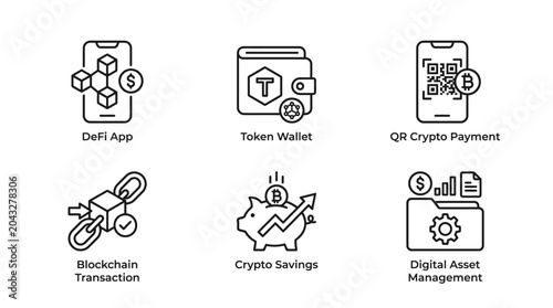 Set of Six Cryptocurrency and Blockchain Line Icons.