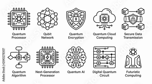 Set of ten black and white line art icons representing quantum computing concepts.