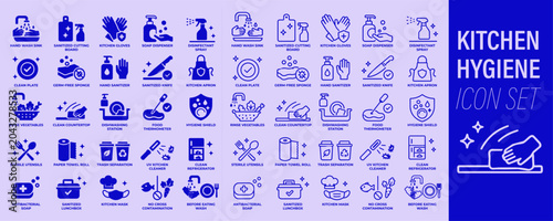Foto Kitchen hygiene icon set with hand washing, food safety, cleaning and sanitation