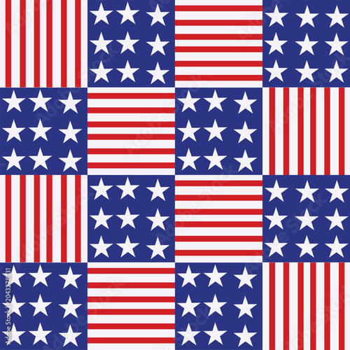 Stars and Stripes on squares seamless pattern in American flag colors. For 4th of July background, American patriotic celebrations, banners and posters