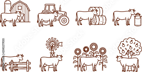 Foto Farm life icons including barn, tractor, cows, milk, windmill, sunflowers, and apple tree