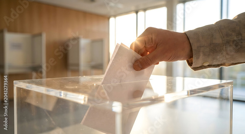 Mano de una persona depositando su voto en una urna transparente en un colegio electoral, concepto de democracia y elecciones