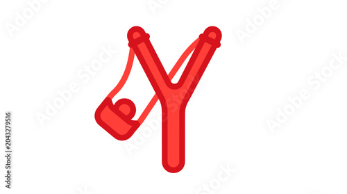 Schilderij op canvas Red Slingshot Toy with Rubber Band and Projectile on White Background
