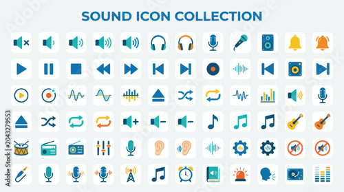 Tableau sur toile Sound and Audio Icons Collection: Music, Volume, Playback Controls, and More