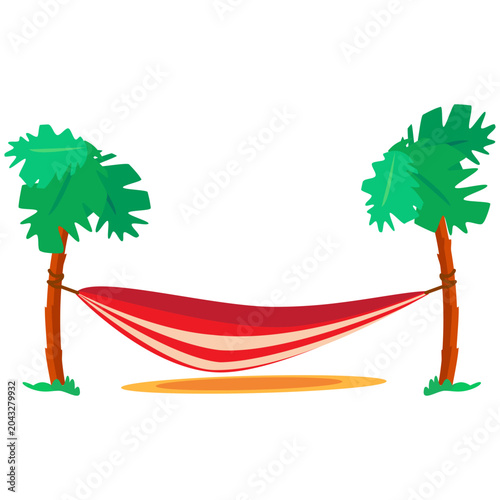 Tropical hammock between palm trees for relaxation, beach resorts, island holidays, and peaceful summer leisure, flat summer illustration