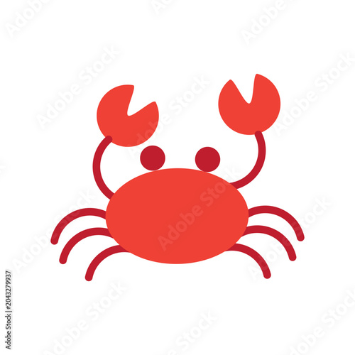 Bright red crab representing marine wildlife, beach exploration, coastal ecosystems, and tropical summer vacations. Flat summer illustration