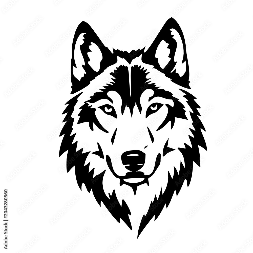 Fototapeta premium Stylized black and white illustration of a wolf head silhouette.