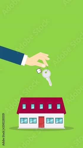 Hand holding key over the house. House buying 4k video animation	