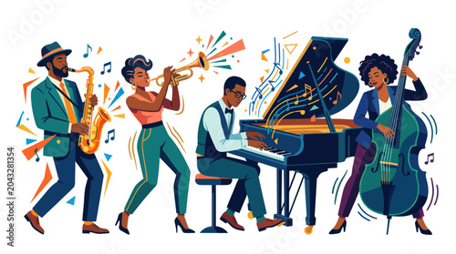 Foto Diverse Jazz Band Performing Lively Music with Piano, Saxophone, Trumpet, and Ba