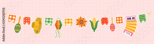 Festa Junina vector garland bunting with lantern, corn, sunflower, accordion, Brazilian folk festival banner, Colorful festive June celebration party poster design