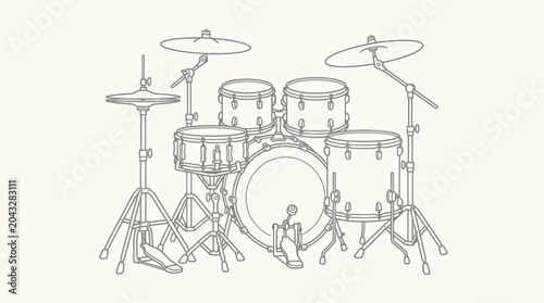 Fotografija Drum Kit Outline Drawing, Musical Instrument Illustration, Vector Art