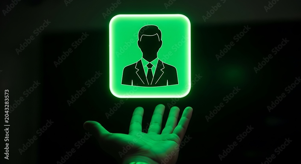 Fototapeta premium Hand holding glowing green businessman icon in dark professional setting