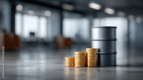 Global commodity market growth featuring oil barrels, gold coins and upward trend concept, cinematic financial visualization