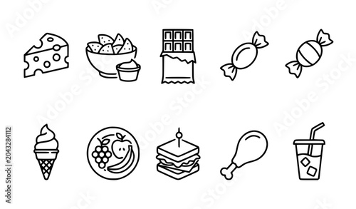 Minimal Line Party Snack and Finger Food Icon Collection Featuring Celebration Food Items on White Background