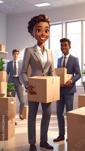 A cartoon woman and two men in business attire holding boxes in an office