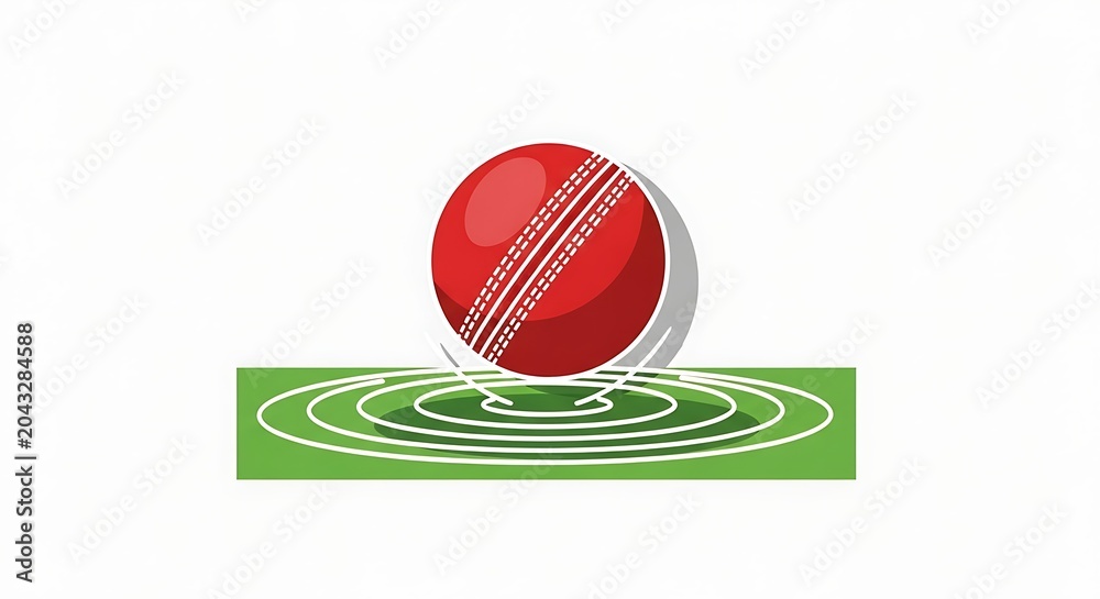 Fototapeta premium Red Cricket Ball on Green Pitch with Ripples, Sports Concept