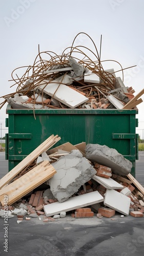 Construction and demolition debris overflowing from green dumpster on gray surface
