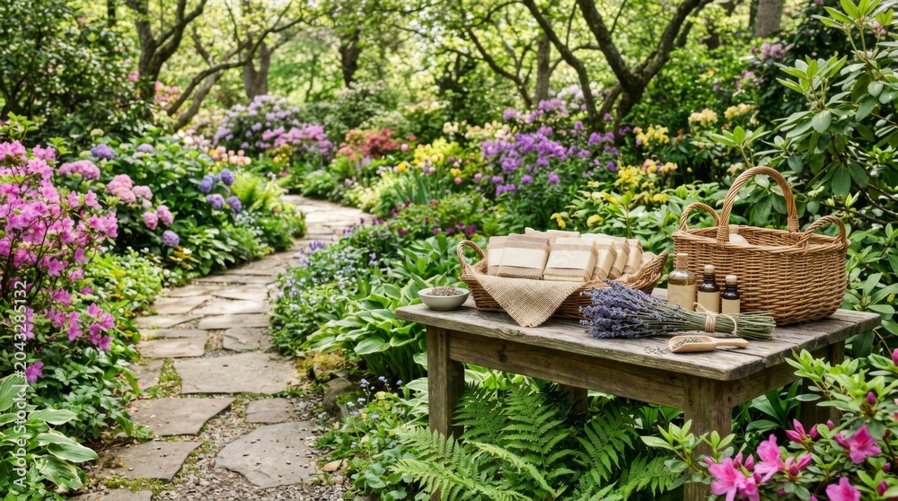 Fototapeta premium Natural Handmade Soap and Essential Oils in a Lush Blooming Garden