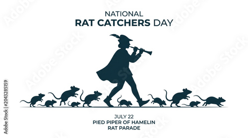 National Rat Catchers Day Vector Silhouette Illustration with Pied Piper Leading Rats Parade July 22 Celebration Design
